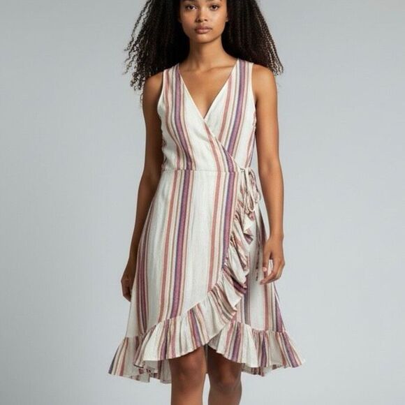 Rails Dresses & Skirts - Rails Wrap Dress XS Madison Jewel Stripe Linen Luxury Coastal Artsy Preppy Retro